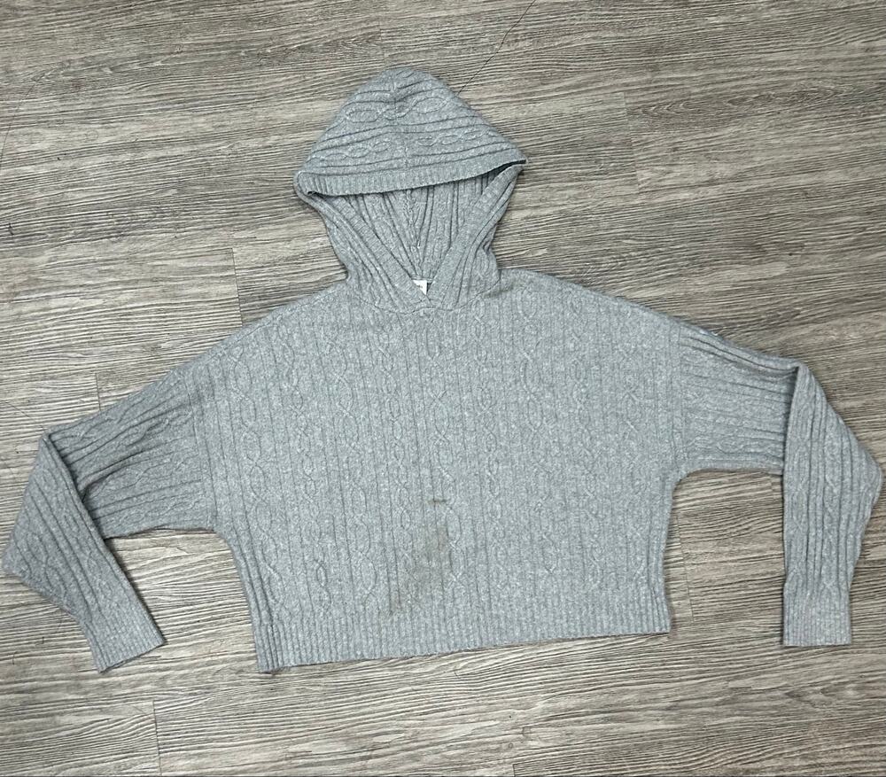 Alo Yoga Gray Cable Knit Cropped Hoodie Sweater Size Large Boxy Athleisure